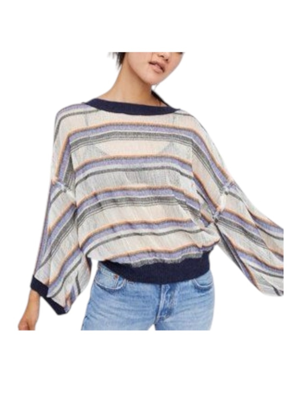 Free People Oversized Striped Boatneck Sweater Slightly Sheer Navy Blue Large